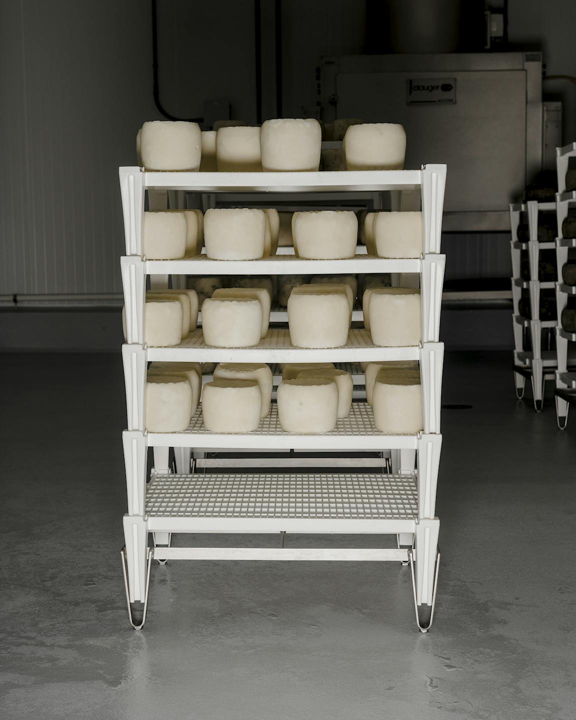A cart holding wheels of cheese.
